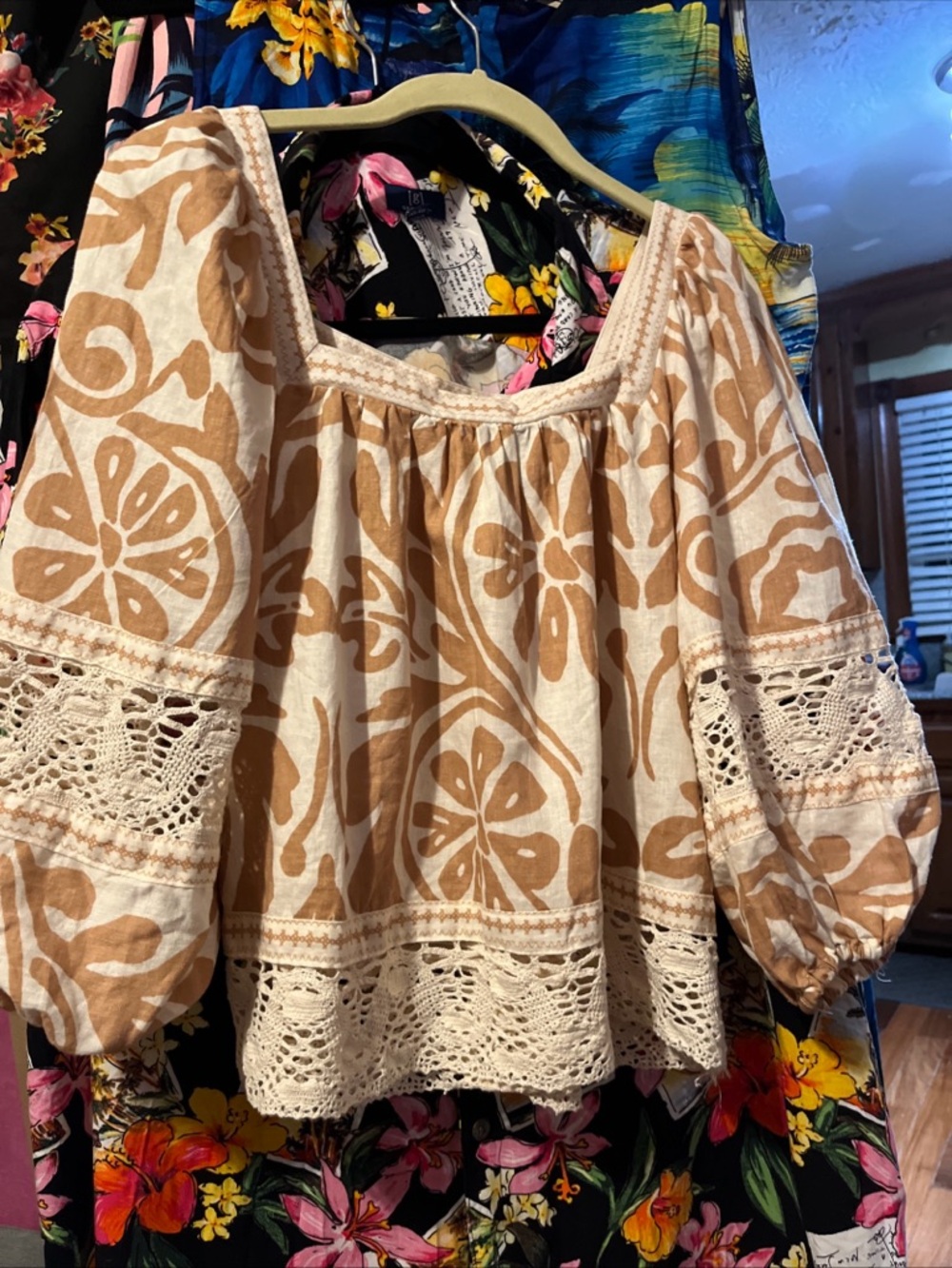 Boho Square-Neck Crochet Trim Peasant Top in Beige - Picture 3 of 3